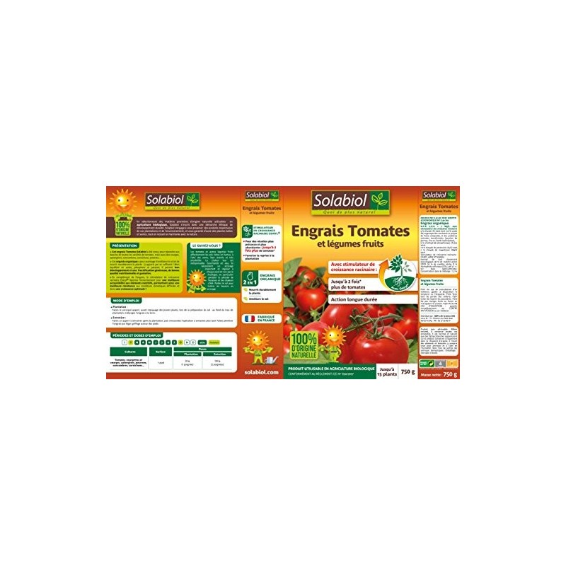 SOLABIOL Engrais Tomates et Légumes du soleil Utilisable en Agriculture Biologique GR